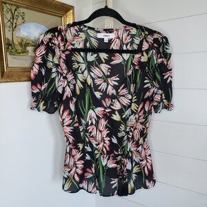 Likely Black Archer Tropical Floral V-Neck Wrap Tassel Blouse Medium